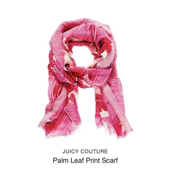 Juicy Couture Bright Colorful Pink Cotton Scarf Wrap Palm Trees Pink 27x80" - Picture 1 of 9